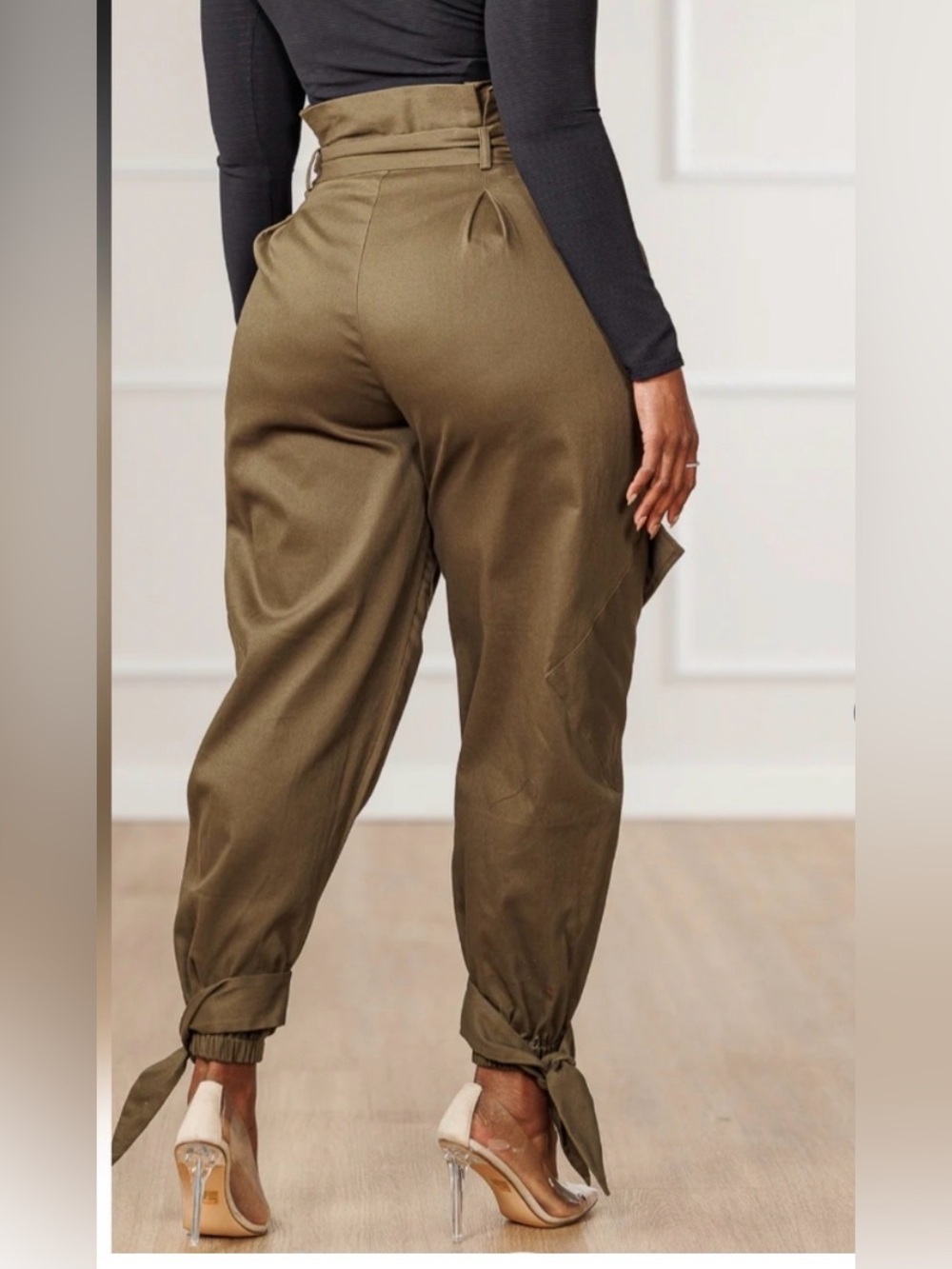 NWT J. Brooks Boutique Olive Paperbag Waist Cargo Pants Tie Ankle Stretch 1XL - Picture 2 of 13
